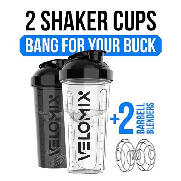 VELOMIX -2 Pack- 28 oz Protein Shaker Bottles for Protein Mixes – 2x Wire Whisk | Leak Proo