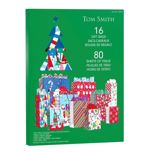 Tom Smith Assorted Gift Bags and Tissue Sheets Set, 16 Bags, 80 Sheets