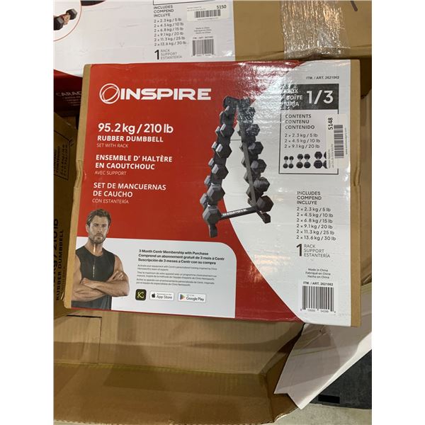 Inspire 95.2 kg/210 lb Rubber Dumbbell Set With Rack 1 of 3