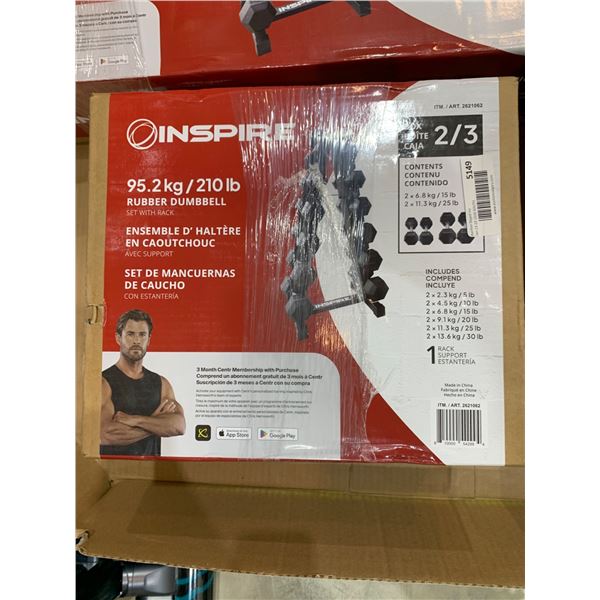 Inspire 95.2 kg/210 lb Rubber Dumbbell Set With Rack 2 of 3