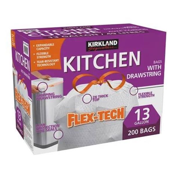 Kirkland Signature 13-Gallon Kitchen Bags with Drawstring, 200 Count