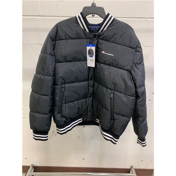Champion Black Puffer Jacket with Striped Ribbed Collar and Hem, Size L/G