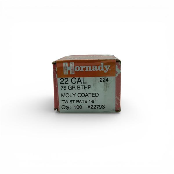 Hornady 22 Cal (.224), 75 Grain BTHP Moly Coated Projectiles, 100 Qty