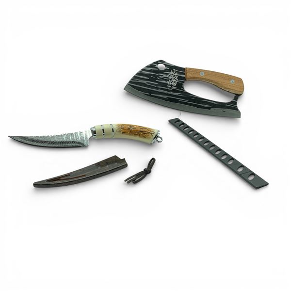 Yang Jiang Fixed 8.25" Cleaver with Wooden Handle, New and Fixed 3.75" Blade Knife, New