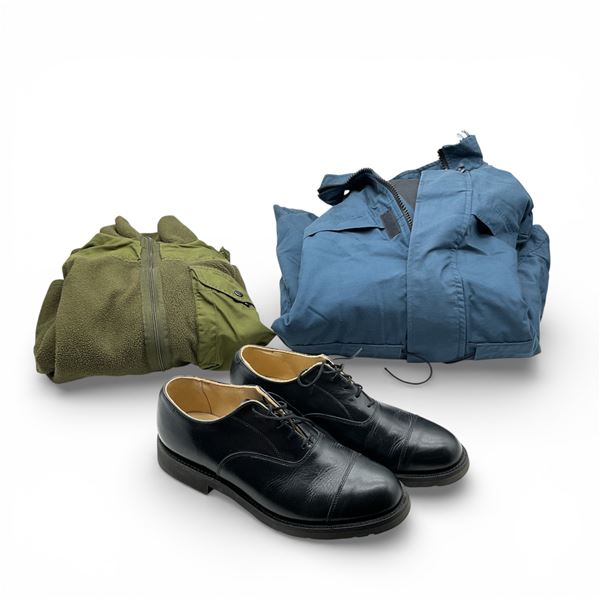 Military Fleece Jacket Size: Med, Blue Jacket Size: Approximately 42" and Leather Shoes, Size: 10