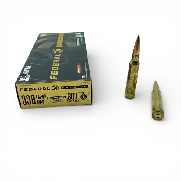 Federal Premium 338 Lapua Mag, 300 Grain Gold Medal Sierra Matchking Ammunition, 20 Rounds