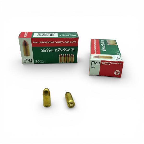 Sellier & Bellot 9mm Browning Court/ .380 Auto, 92 Grain FMJ Ammunition, 100 Rounds