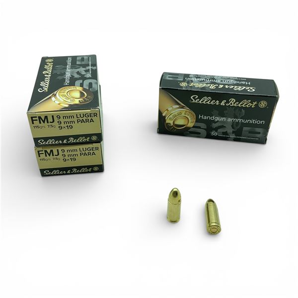 Sellier & Bellot 9mm Luger, 115 Grain FMJ Ammunition, 150 Rounds
