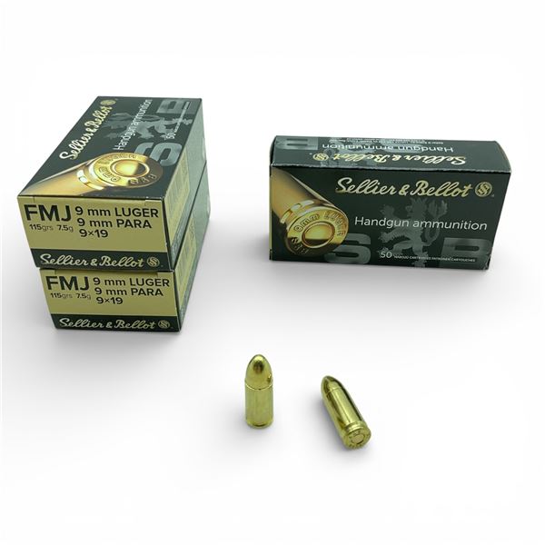 Sellier & Bellot 9mm Luger, 115 Grain FMJ Ammunition, 150 Rounds