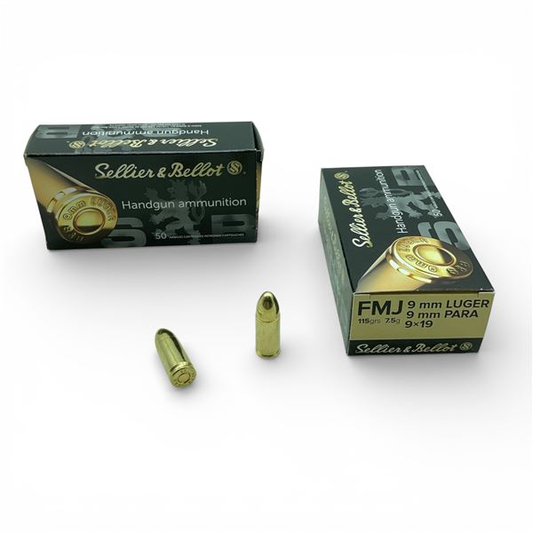 Sellier & Bellot 9mm Luger, 115 Grain FMJ Ammunition, 100 Rounds