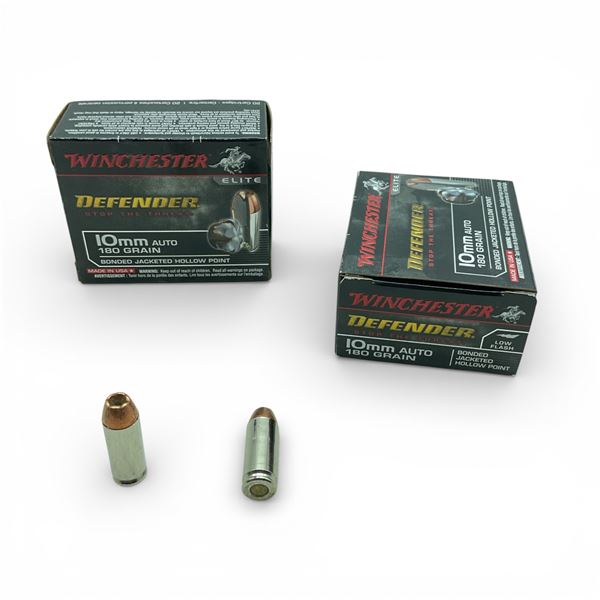 Winchester Defender 10mm Auto, 180 Grain Bonded Jacketed Hollow Point Low Flash Ammunition, 40 Round