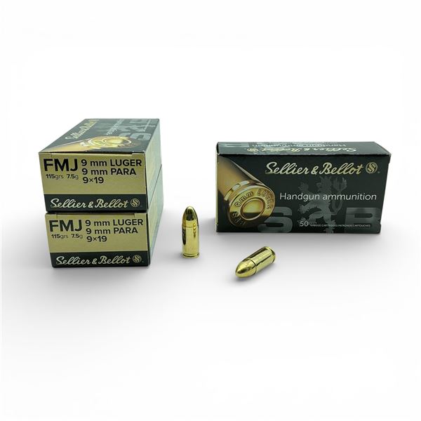 Sellier & Bellot 9mm Luger, 115 Grain FMJ Ammunition, 150 Rounds