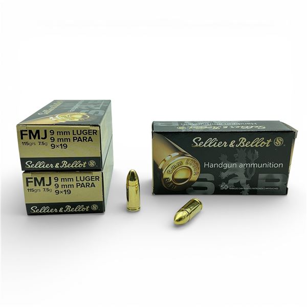 Sellier & Bellot 9mm Luger, 115 Grain FMJ Ammunition, 150 Rounds