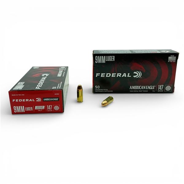 Federal American Eagle 9mm Luger, 147 Grain TMJ Indoor Range Training Ammunition, 100 Rounds
