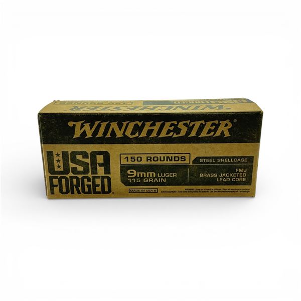 Winchester 9mm Luger, 115 Grain FMJ Brass Jacketed Lead Core Steel Shellcase Ammunition, 150 Rounds