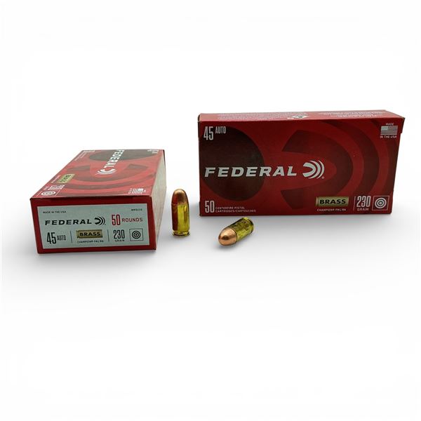 Federal 45 Auto, 230 Grain Brass Champion FMJ RN Ammunition, 100 Rounds