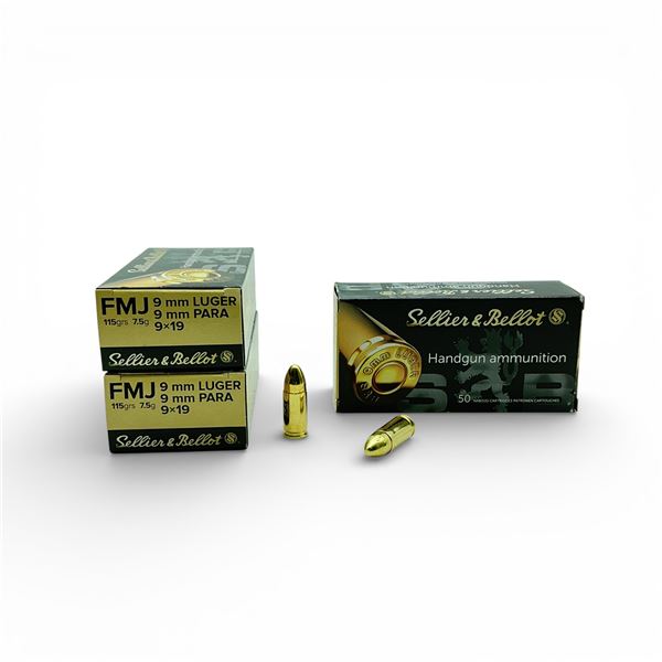 Sellier & Bellot 9mm Luger, 115 Grain FMJ Ammunition, 150 Rounds