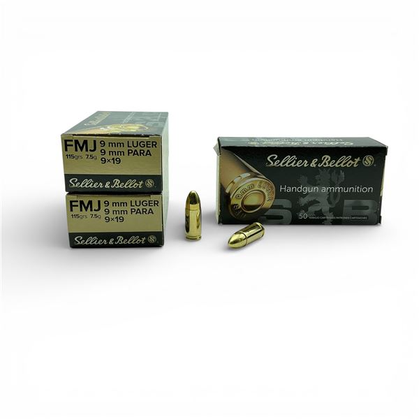 Sellier & Bellot 9mm Luger, 115 Grain FMJ Ammunition, 150 Rounds