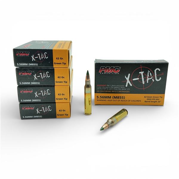 PMC X-Tac 5.56mm (M855), 62 Grain Green Tip Ammunition, 100 Rounds