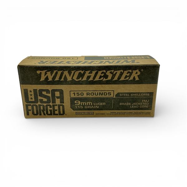 Winchester 9mm Luger, 115 Grain FMJ Brass Jacketed Lead Core Steel Shellcase Ammunition, 150 Rounds