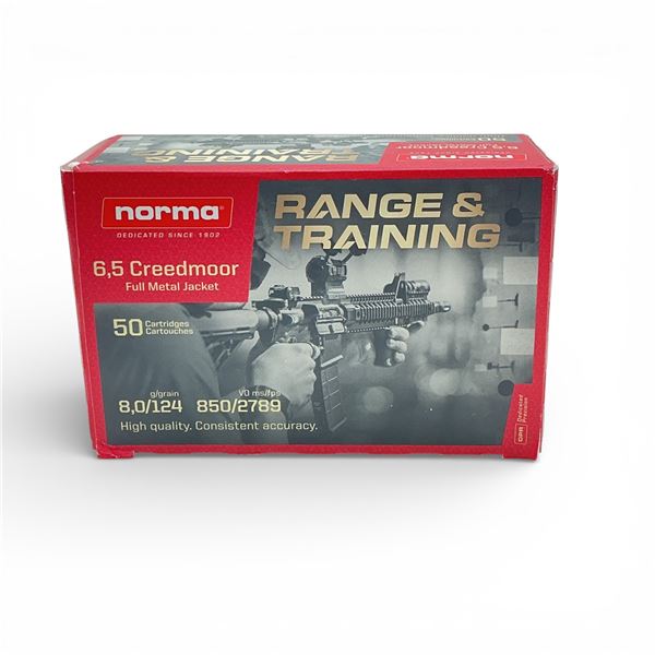 Norma Range & Training 6.5 Creedmoor, 124 Grain Full Metal Jacket Ammunition, 50 Rounds
