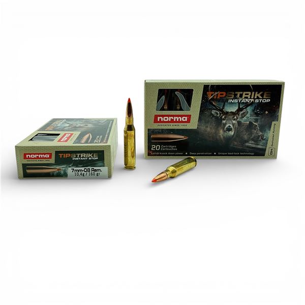 Norma TipStrike Instant Stop 7mm-08 Rem, 160 Grain Ammunition, 40 Rounds