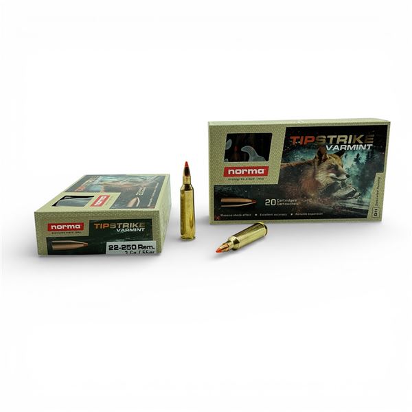 Norma TipStrike Varmint 22-250 Rem, 55 Grain Ammunition, 40 Rounds