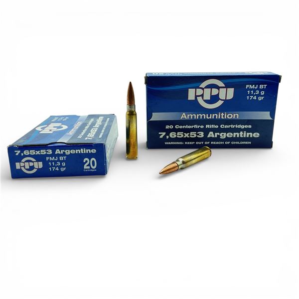 PPU 7.65x53 Argentine, 174 Grain FMJ BT Ammunition, 40 Rounds