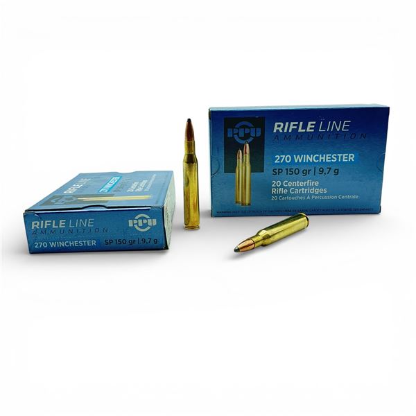 PPU 270 Winchester, 150 Grain SP Ammunition, 40 Rounds