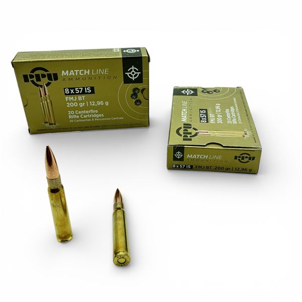 PPU Matchline 8x57 IS, 200 Grain FMJ BT Ammunition, 40 Rounds