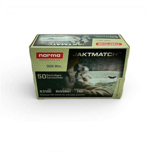 Norma Jacktmatch 308 Win, 150 Grain FMJ Ammunition, 50 Rounds