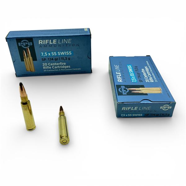 PPU 7.5x55 Swiss, 174 Grain SP Ammunition, 40 Rounds
