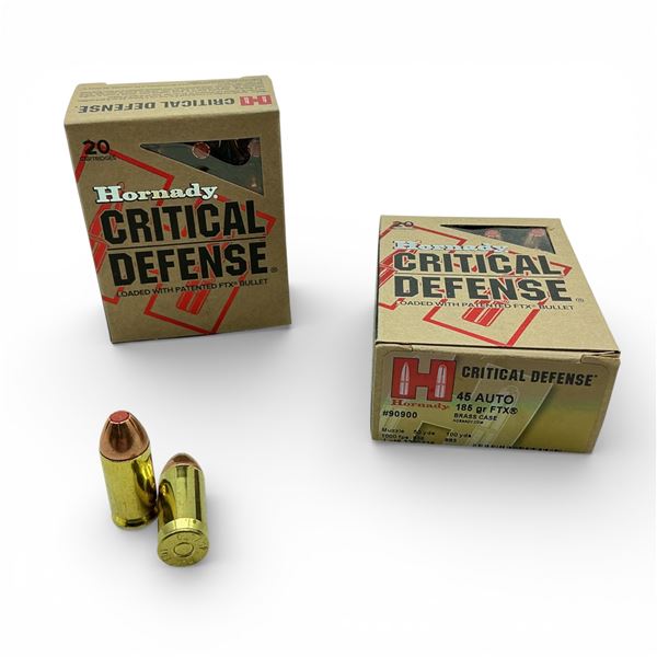 Hornady Critical Defense 45 Auto, 185 Grain FTX Ammunition, 40 Rounds