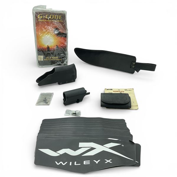 Assorted Firearm Parts and Accessories and 12" Leather Knife Sheath