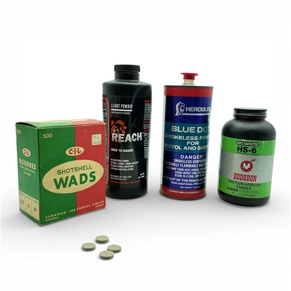 Assorted Shotgun Reloading Powder, Approx 1 3/4 Lb and Shotshell Wads, Approx 450 Qty