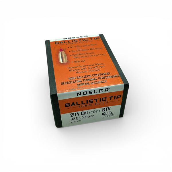 Nosler Ballistic Tip Varmint 204 Cal (.204"), 32 Grain Spitzer BTV Projectiles, 100 Qty