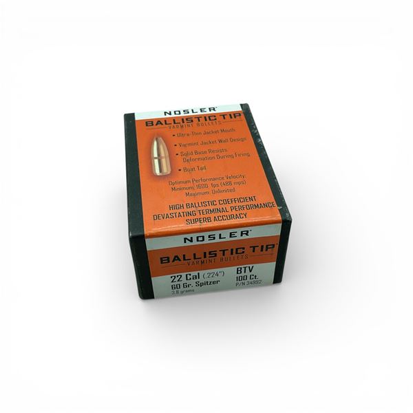 Nosler Ballistic Tip Varmint 22 Cal (.224"), 60 Grain Spitzer BTV Projectiles, 100 Qty