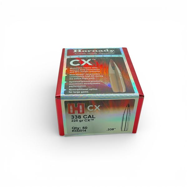 Hornady 338 Cal (.338"), 225 Grain CX Projectiles, 50 Qty