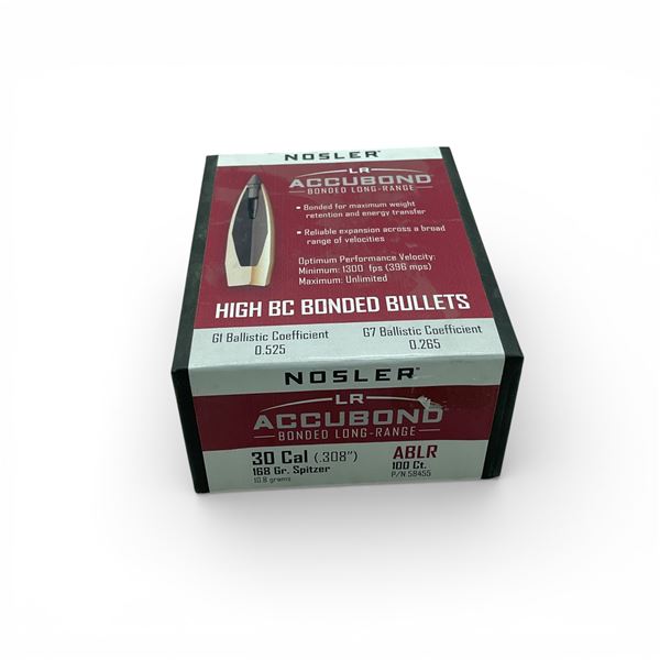 Nosler AccuBond Bonded Long-Range 30 Cal (.308"), 168 Grain Spitzer ABLR Projectiles, 100 Qty