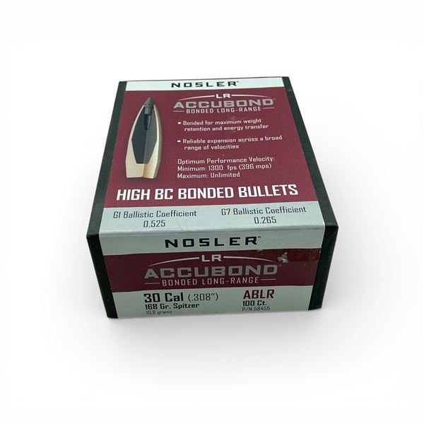 Nosler AccuBond Bonded Long-Range 30 Cal (.308"), 168 Grain Spitzer ABLR Projectiles, 100 Qty