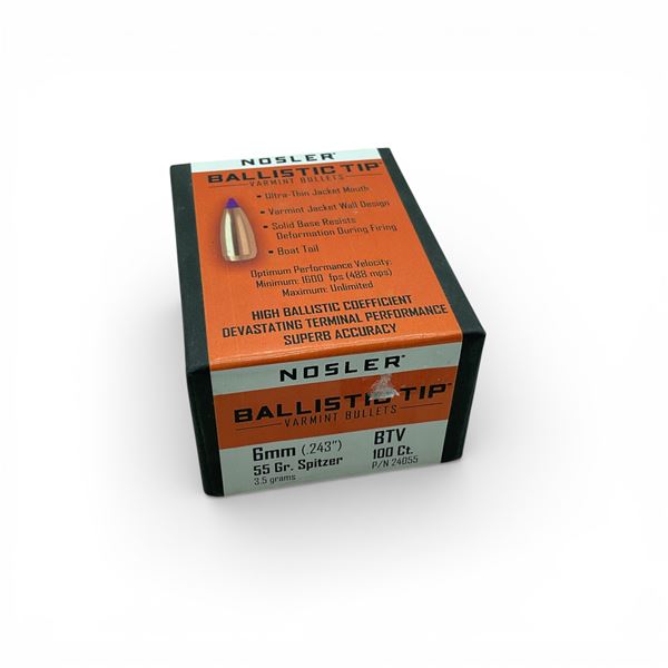 Nosler Ballistic Tip Varmint 6mm (.243"), 55 Grain Spitzer BTV Projectiles, 100 Qty