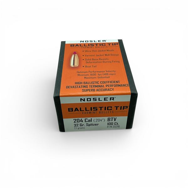 Nosler Ballistic Tip Varmint 204 Cal (.204"), 32 Grain Spitzer BTV Projectiles, 100 Qty