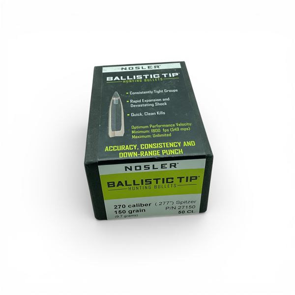 Nosler Ballistic Tip Hunting 270 Cal (.277"), 150 Grain Spitzer Projectiles, 50 Qty