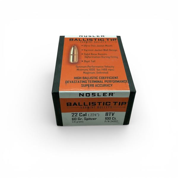 Nosler Ballistic Tip Varmint 22 Cal (.224"), 60 Grain Spitzer BTV Projectiles, 100 Qty