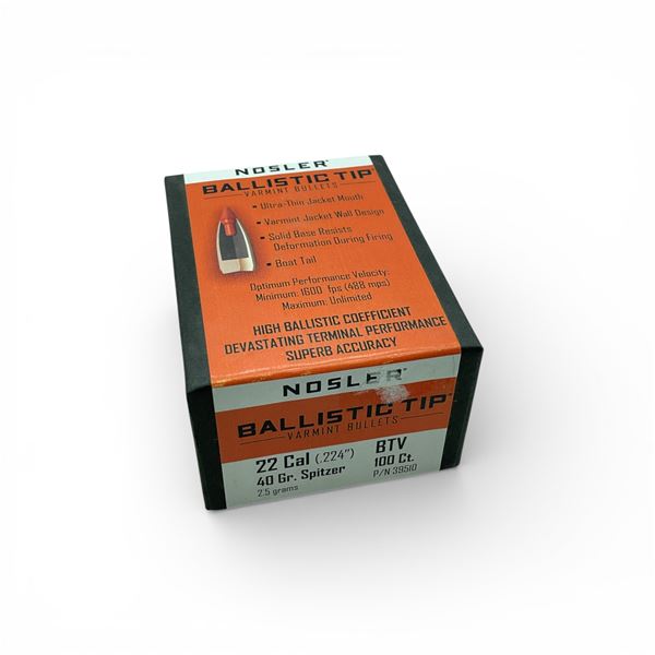 Nosler Ballistic Tip Varmint 22 Cal (.224"), 40 Grain Spitzer BTV Projectiles, 100 Qty