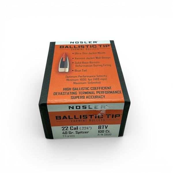 Nosler Ballistic Tip Varmint 22 Cal (.224"), 40 Grain Spitzer BTV Projectiles, 100 Qty
