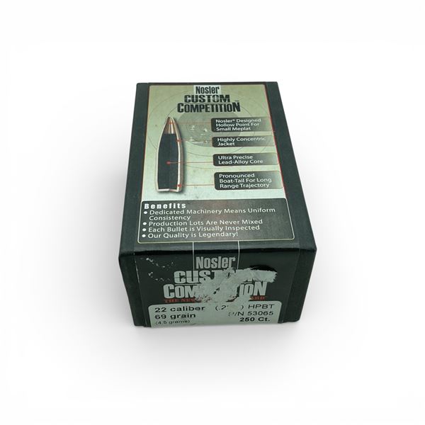 Nosler Custom Competition 22 Cal (.224"), 69 Grain HPBT Projectiles, 250 Qty