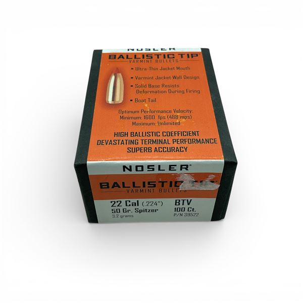 Nosler Ballistic Tip Varmint 22 Cal (.224"), 50 Grain Spitzer BTV Projectiles, 100 Qty