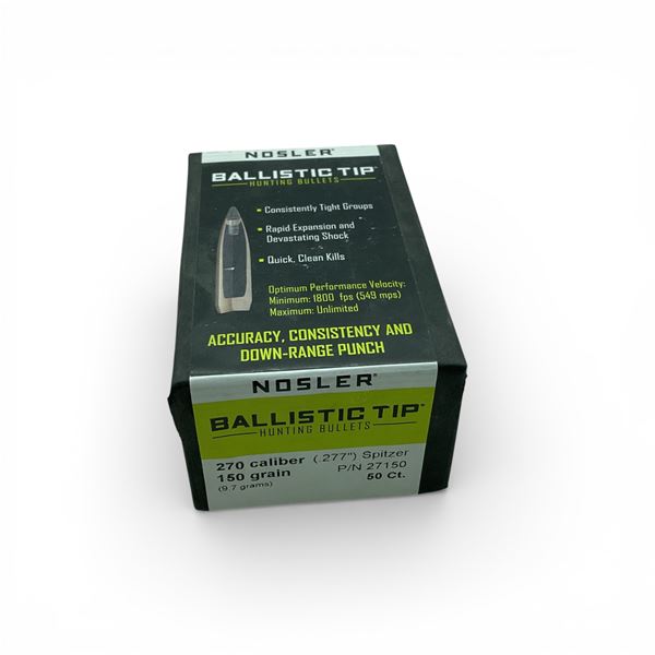 Nosler Ballistic Tip Hunting 270 Cal (.277"), 150 Grain Spitzer Projectiles, 50 Qty