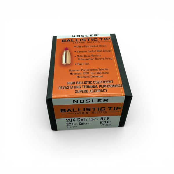 Nosler Ballistic Tip Varmint 204 Cal (.204"), 32 Grain Spitzer BTV Projectiles, 100 Qty